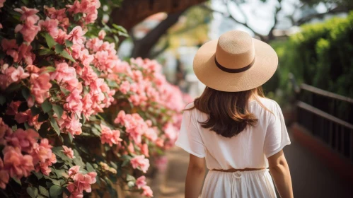 Woman in White Dress Walking Through Pink Flower Garden