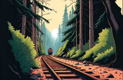 A Captivating Train Journey Through a Lush Forest | Bold Graphic Illustrations