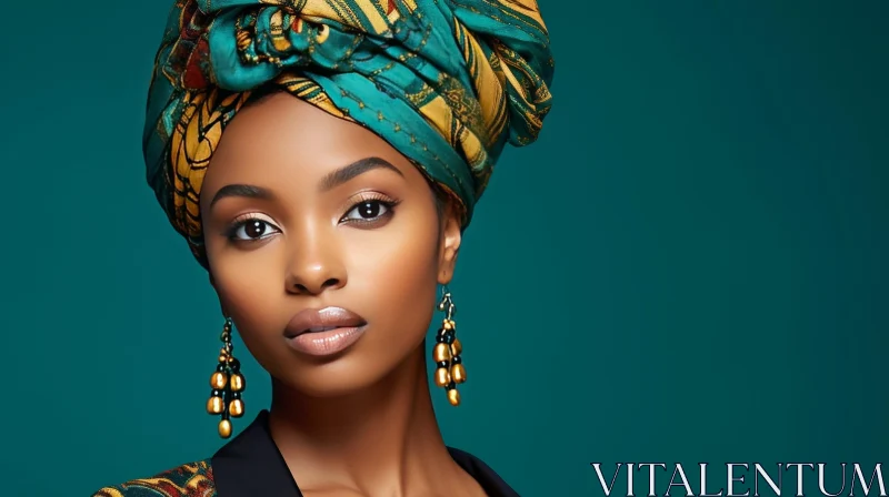 African Woman Portrait in Green and Gold Headscarf AI Image