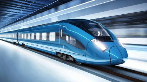 Blue High-Speed Train in Motion Through Tunnel