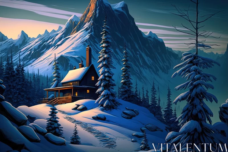 Captivating Cabin in Snow: A Digital Painting AI Image