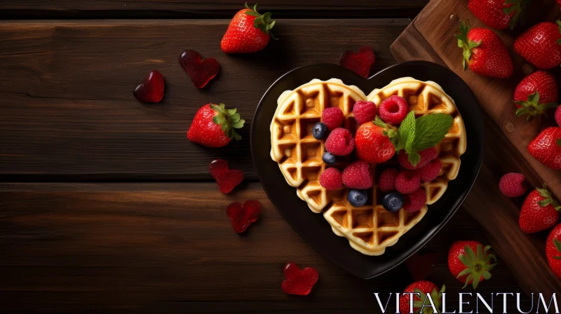Delicious Heart-Shaped Waffle with Berries on Black Plate AI Image
