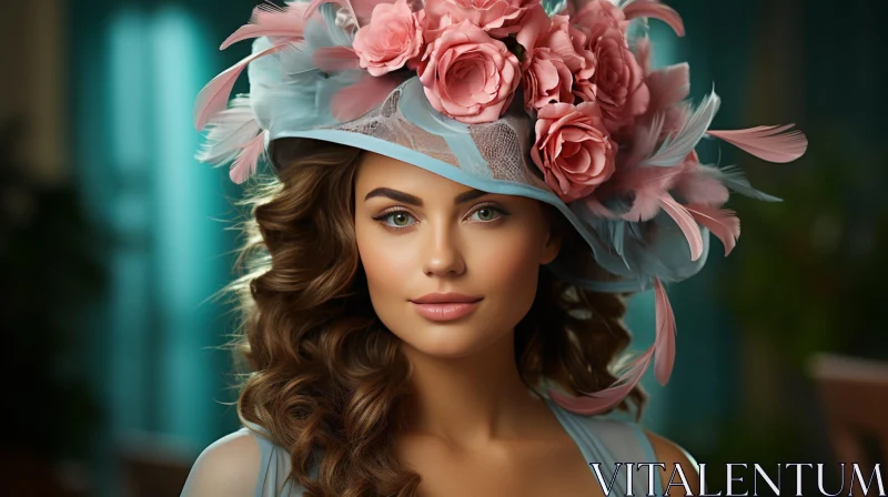 Elegant Woman in Blue Dress with Rose-Adorned Hat AI Image