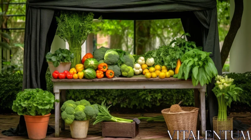 Fresh and Abundant Vegetable Display on Wooden Table AI Image
