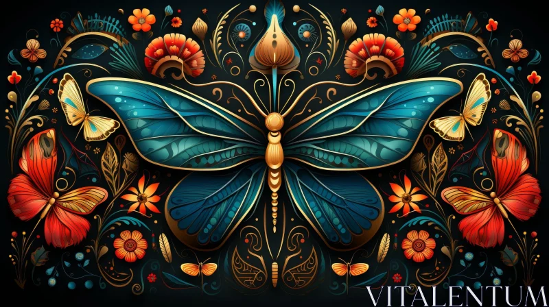 Intricate Butterfly and Flowers Digital Artwork AI Image