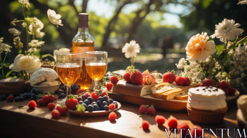 Picnic Table Setting with Wine and Cheese AI Image