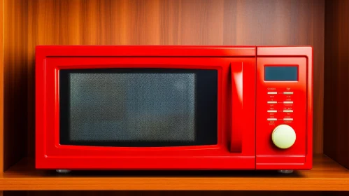 Red Microwave Oven on Wooden Shelf