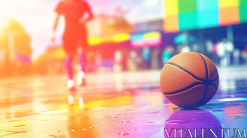Basketball on Wet Court with Blurred Player - Dynamic Scene AI Image