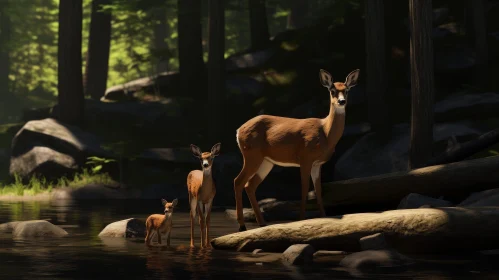 Deer Family in Forest River - Serene Nature Scene