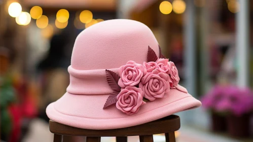 Elegant Pink Hat with Roses on Wooden Stool