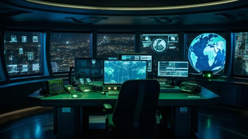 Futuristic City View Control Room Interior