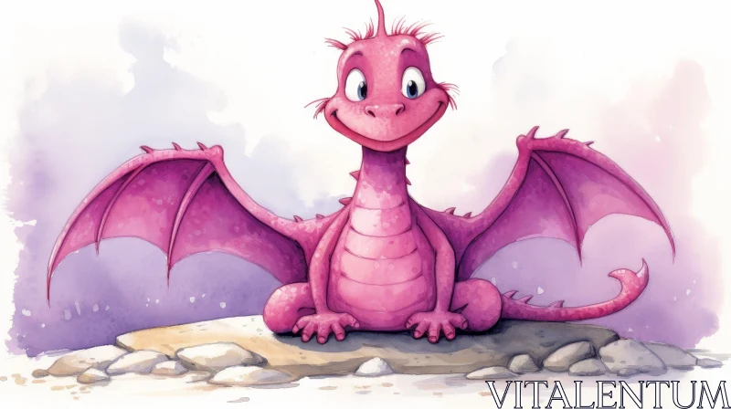 Pink Dragon Smiling on Rock - Fantasy Art AI Image