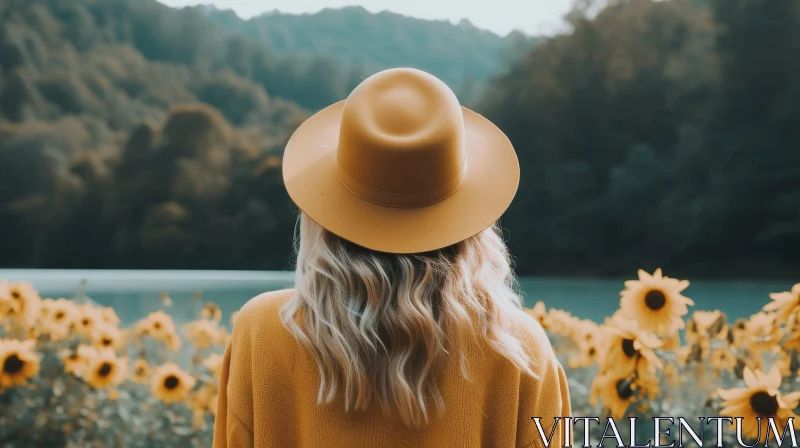 Serene Sunflower Field with Woman in Yellow Hat AI Image