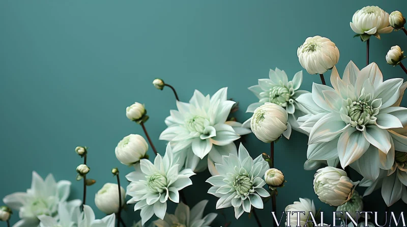 White and Green Dahlia Flowers on Dark Green Background AI Image