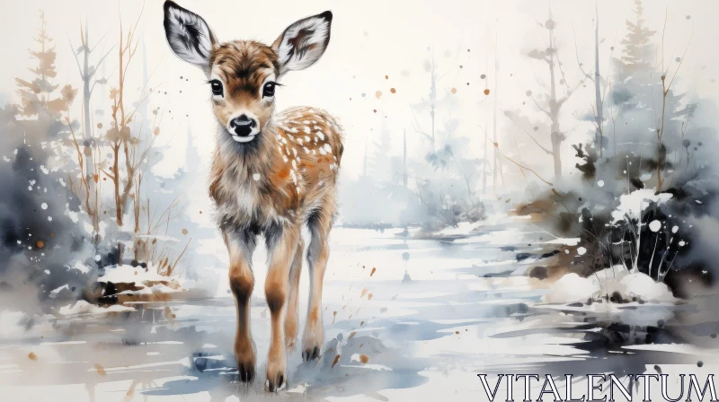 Winter Forest Deer Watercolor Painting AI Image