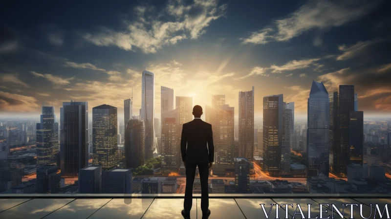 Cityscape Sunset with Businessman in Suit AI Image