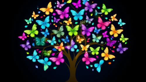 Colorful Tree with Butterflies in Night Sky
