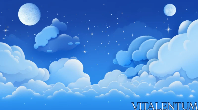 Enchanting Cartoon Night Sky with Moons and Stars AI Image
