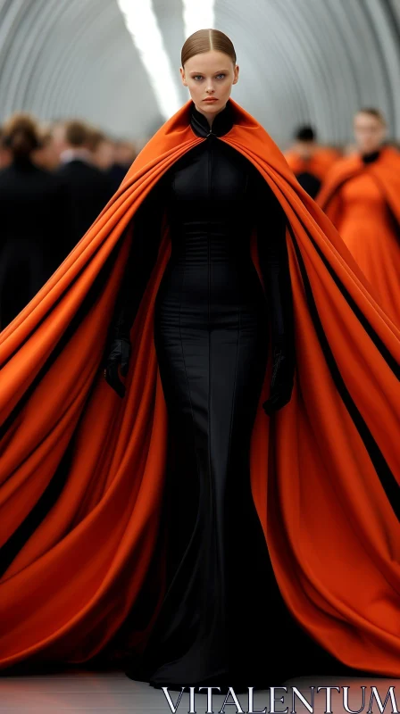 Fashionable Woman in Black Dress with Orange Cape AI Image