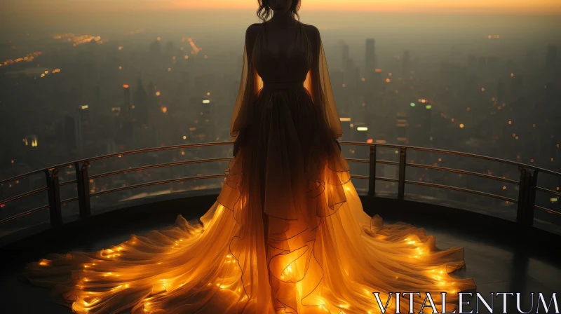 AI ART Golden Dress Woman on Rooftop at Night