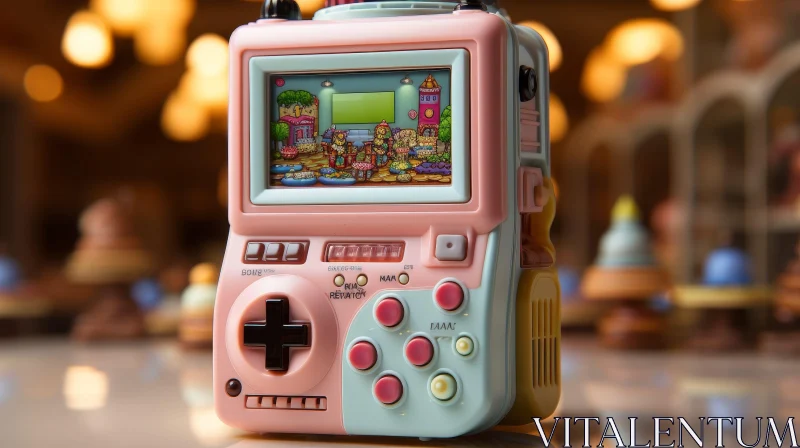 AI ART Handheld Video Game with Pink and Blue Body - House and Tree Scene
