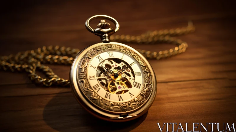 Intricate Gold Pocket Watch on Wooden Table AI Image