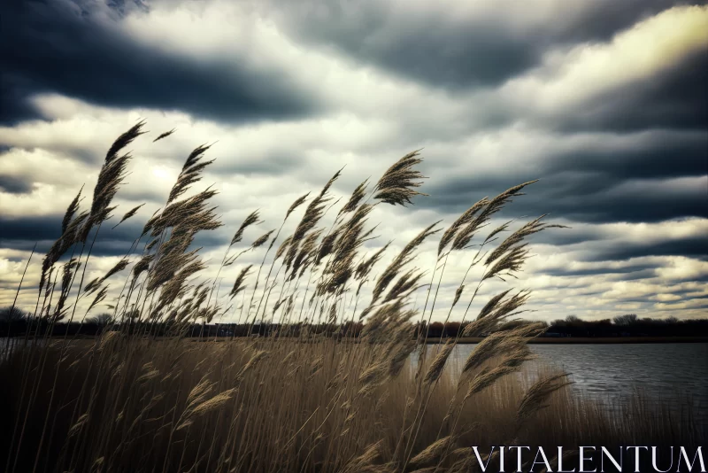 Tranquil Nature: Tall Grasses and Clouds in a Serene Lake AI Image