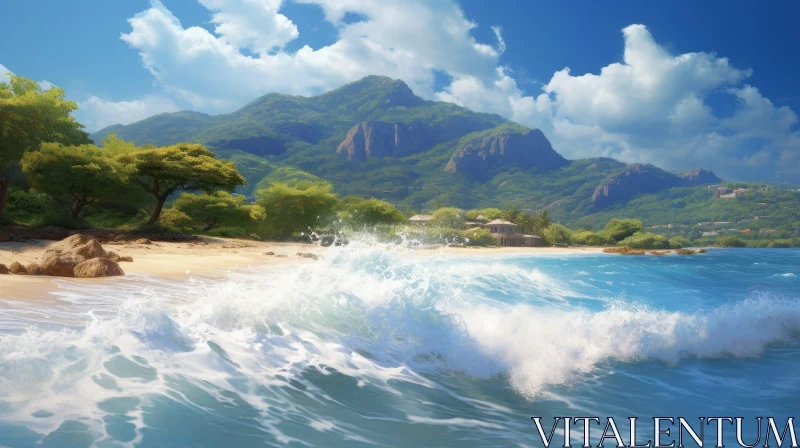 Tranquil Tropical Beach Landscape with Snowy Mountain Peaks AI Image