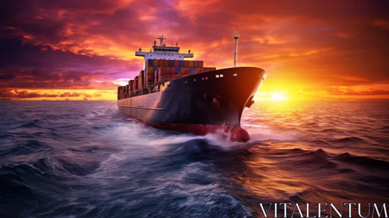 AI ART Container Ship Sailing in Ocean at Sunset