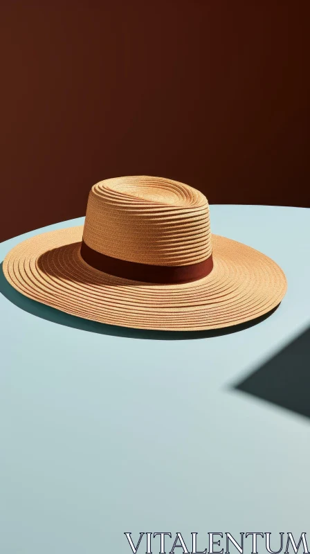 Elegant Straw Hat on Blue Table AI Image