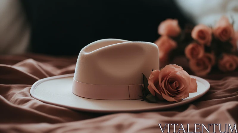 AI ART Elegant White Hat with Pink Ribbon and Rose | Fashion Accessory