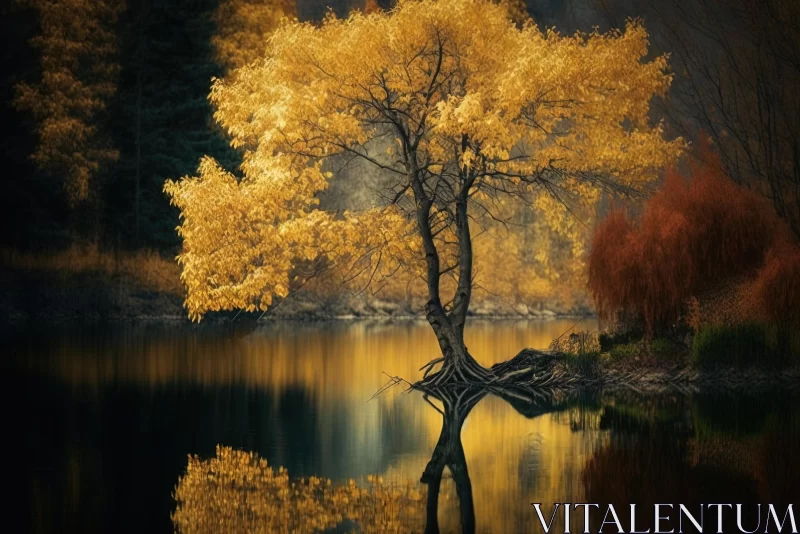 Enchanting Autumn: A Captivating Tree and Lake in Dark Yellow and Light Gold AI Image