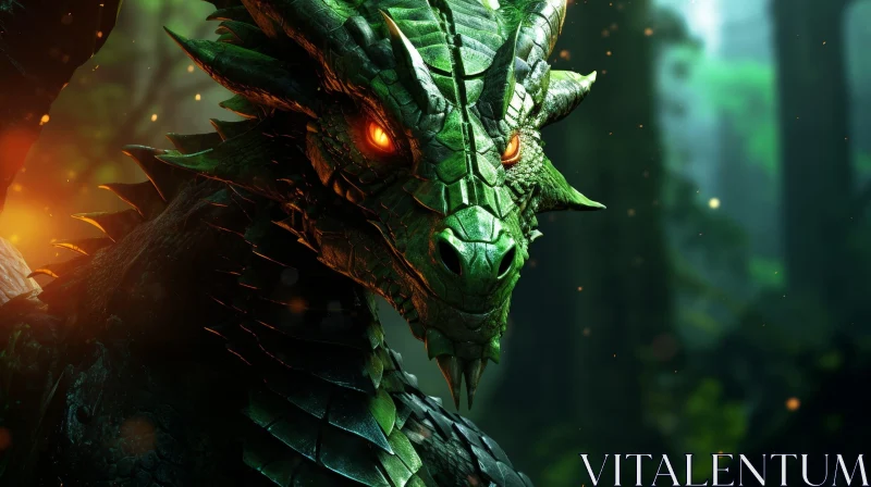 Green Dragon in Dark Forest - Digital Fantasy Art AI Image