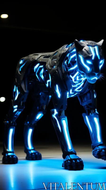 Robotic Panther in Dark Industrial Setting AI Image