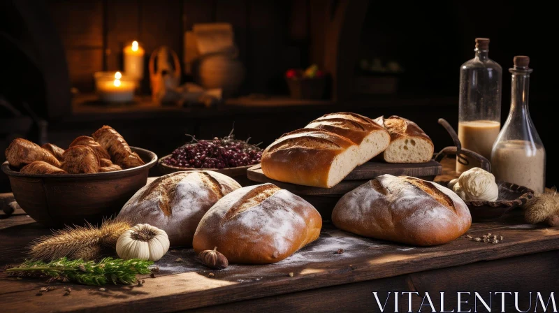 Rustic Bread Still Life on Wooden Table AI Image