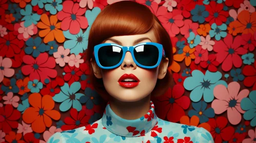 Serious Young Woman with Red Hair and Blue Sunglasses