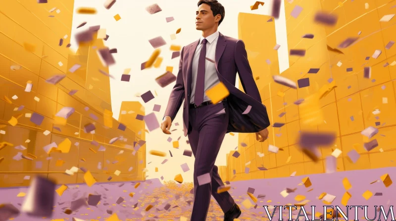 AI ART Urban Encounter: Confident Man in Purple Suit Walking