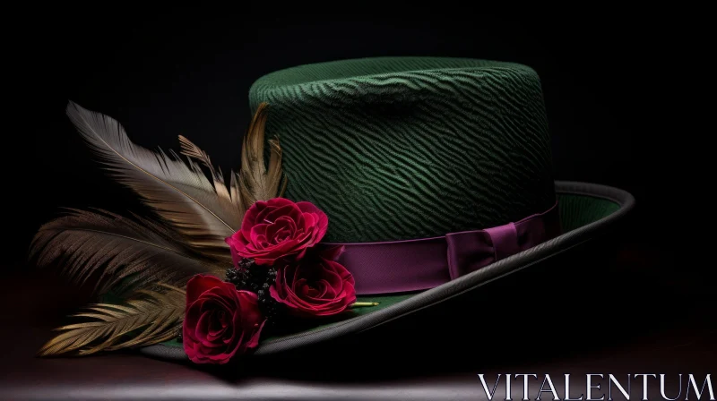 AI ART Elegant Green Top Hat with Purple Ribbon and Gold Feather