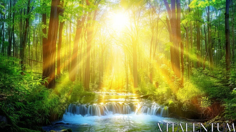 Enchanting Forest Waterfall Scene AI Image