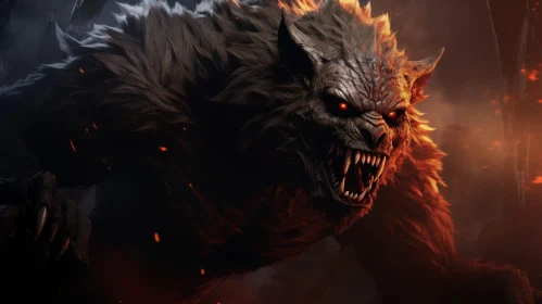 Fiery Werewolf in Dark Forest - Powerful Creature Art