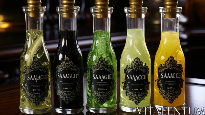 Glass Bottles with Colored Liquids on Wooden Surface AI Image