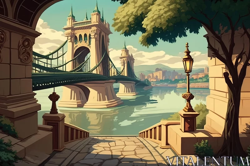 Beautiful Modern Painting of an Old Bridge in Art Nouveau Style AI Image