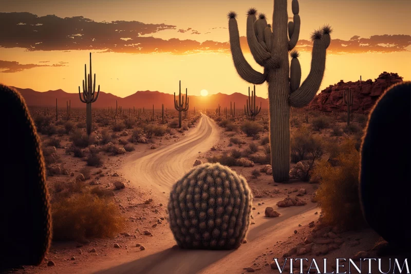 Captivating Hyperrealistic Cactus at Sunset on Desert Road AI Image