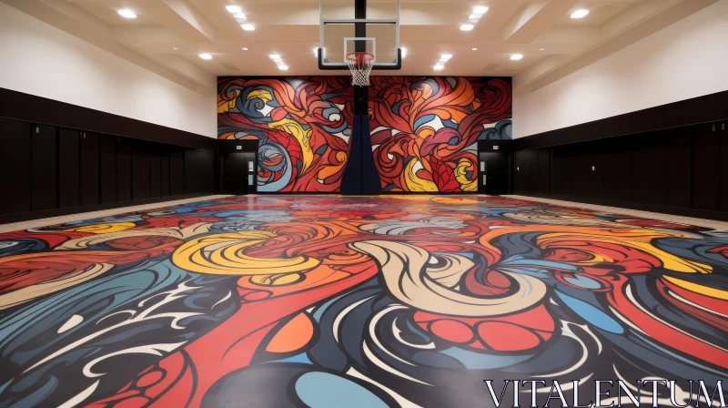 Colorful Psychedelic Mural in Basketball Court AI Image