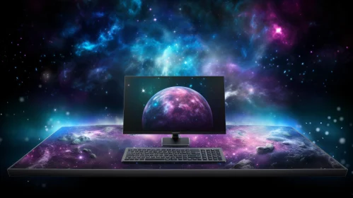 Computer Setup on Glass Table with Space Background