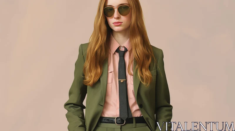 Confident Businesswoman in Olive Green Suit AI Image