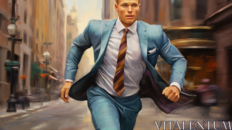 AI ART Determined Young Man Running in Blue Suit on City Street