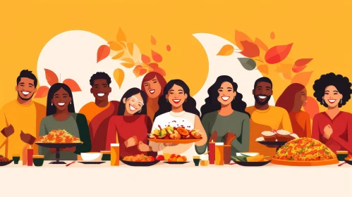 Diverse Group Enjoying Meal Cartoon Illustration