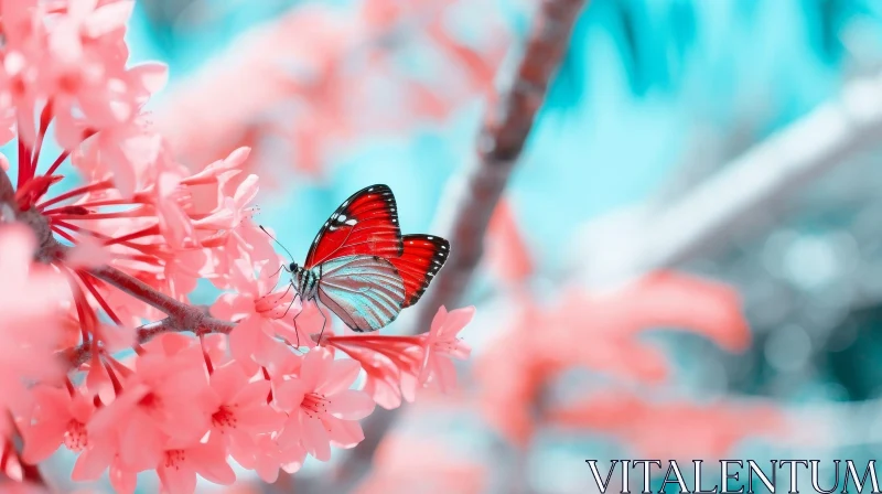 AI ART Red and White Butterfly on Flowering Tree