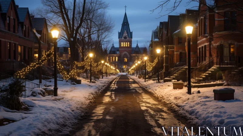 Winter Night Street Scene with Snow and Church AI Image